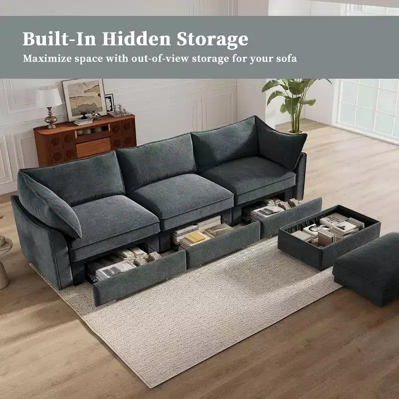 MooxvMoo 112in Chenille Sofas for Living Room, L Shaped Couch with Storage, Sectional Couch w/ Pull Out Drawer & Throw Pillows & Storage Ottoman, Gray