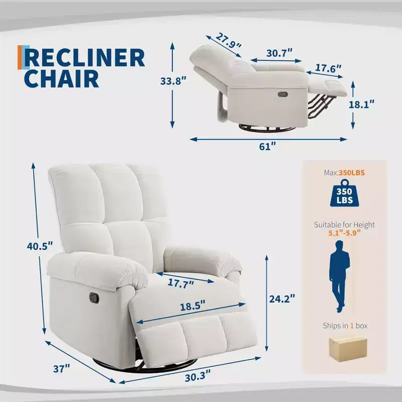 Recliner Chair, 360 Swivel Rocker Glider Nursery Chair with Padded Armrest and Deep Seat, Chenille Upholstered Reclining Sofa Chair for Living Room