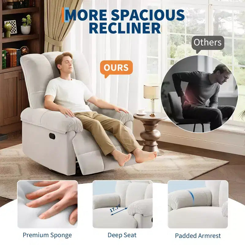 Recliner Chair, 360 Swivel Rocker Glider Nursery Chair with Padded Armrest and Deep Seat, Chenille Upholstered Reclining Sofa Chair for Living Room
