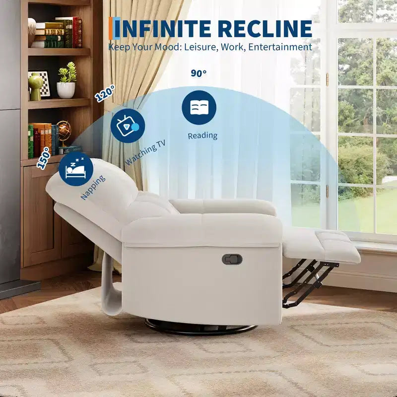 Recliner Chair, 360 Swivel Rocker Glider Nursery Chair with Padded Armrest and Deep Seat, Chenille Upholstered Reclining Sofa Chair for Living Room