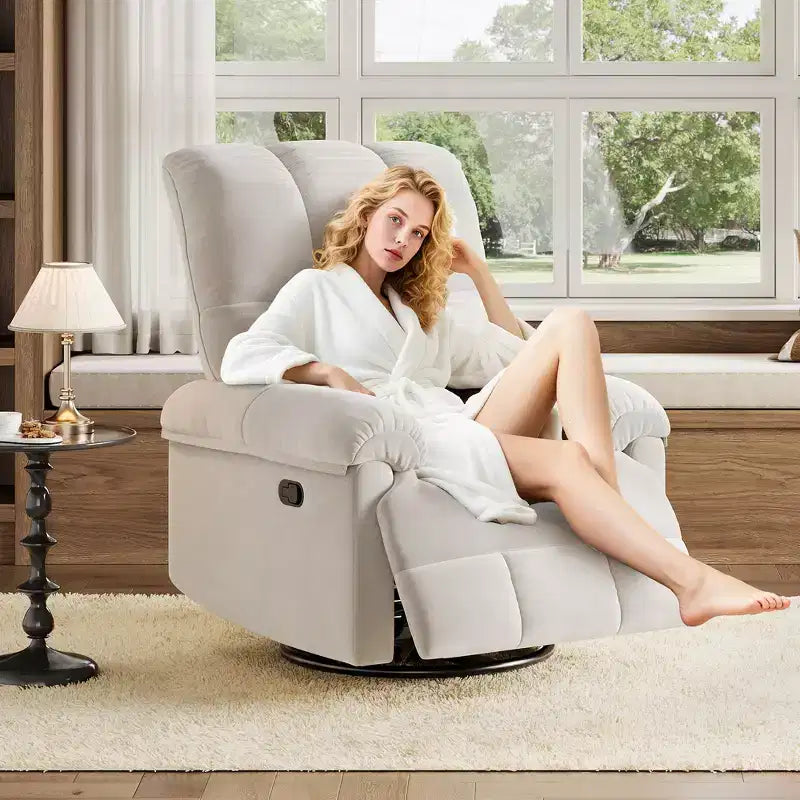 Recliner Chair, 360 Swivel Rocker Glider Nursery Chair with Padded Armrest and Deep Seat, Chenille Upholstered Reclining Sofa Chair for Living Room