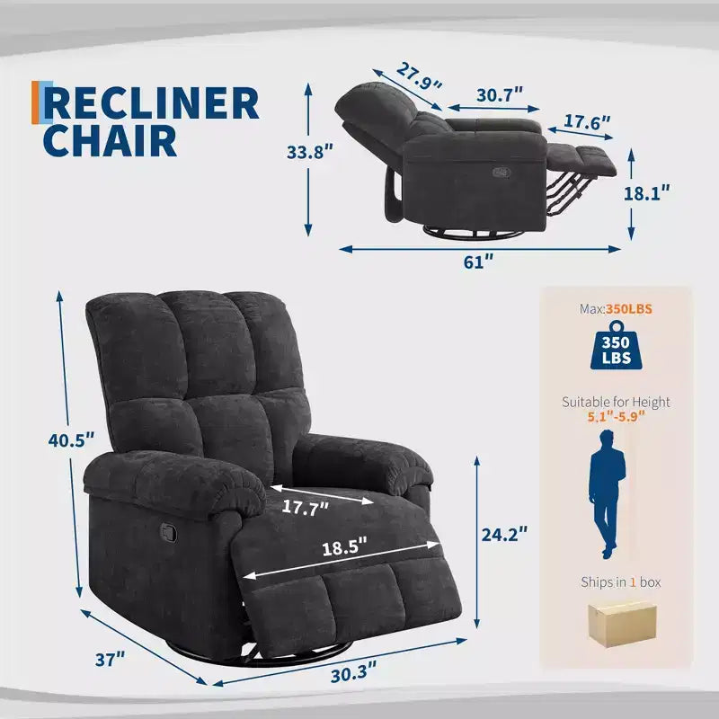 Recliner Chair, 360 Swivel Rocker Glider Nursery Chair with Padded Armrest and Deep Seat, Chenille Upholstered Reclining Sofa Chair for Living Room