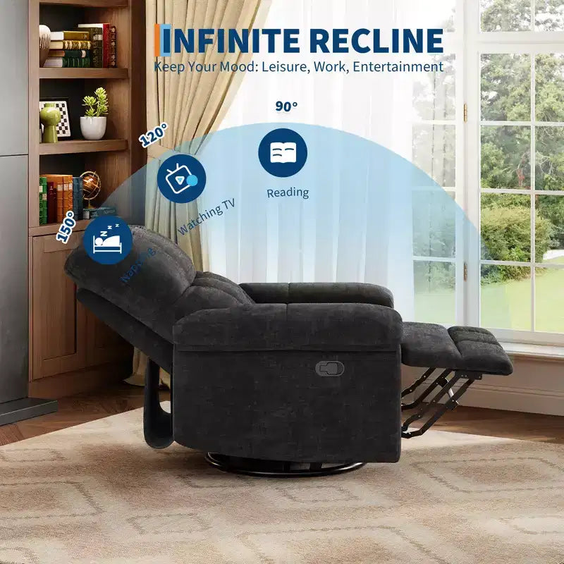 Recliner Chair, 360 Swivel Rocker Glider Nursery Chair with Padded Armrest and Deep Seat, Chenille Upholstered Reclining Sofa Chair for Living Room