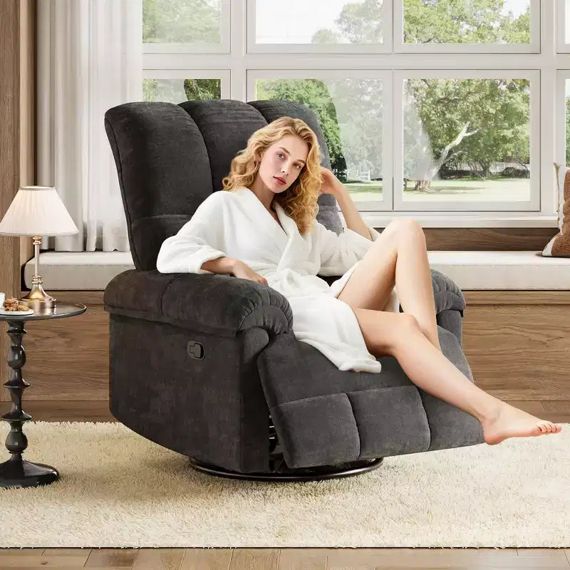 Recliner Chair, 360 Swivel Rocker Glider Nursery Chair with Padded Armrest and Deep Seat, Chenille Upholstered Reclining Sofa Chair for Living Room