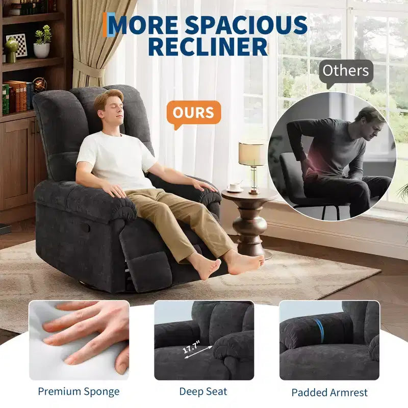 Recliner Chair, 360 Swivel Rocker Glider Nursery Chair with Padded Armrest and Deep Seat, Chenille Upholstered Reclining Sofa Chair for Living Room