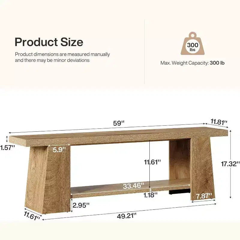 Lantine 2-Tier Entryway Bench, 59-inch Shoe Bench with Storage Shelves, Wood End of Bed Bench for Entryway, Bedroom, Living Room