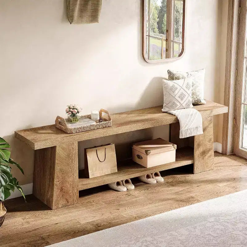 Lantine 2-Tier Entryway Bench, 59-inch Shoe Bench with Storage Shelves, Wood End of Bed Bench for Entryway, Bedroom, Living Room