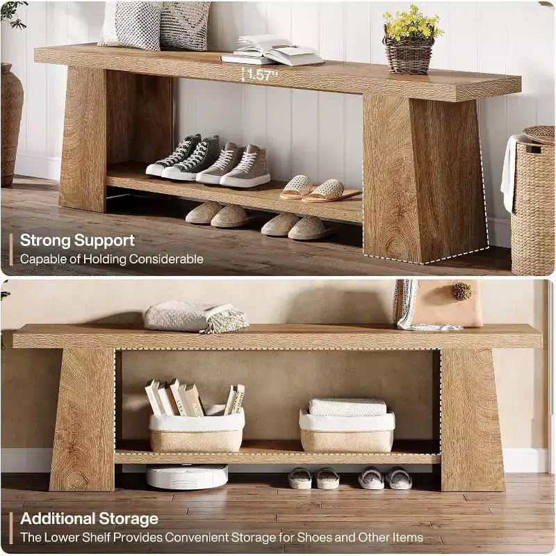 Lantine 2-Tier Entryway Bench, 59-inch Shoe Bench with Storage Shelves, Wood End of Bed Bench for Entryway, Bedroom, Living Room