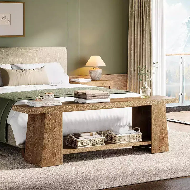 Lantine 2-Tier Entryway Bench, 59-inch Shoe Bench with Storage Shelves, Wood End of Bed Bench for Entryway, Bedroom, Living Room