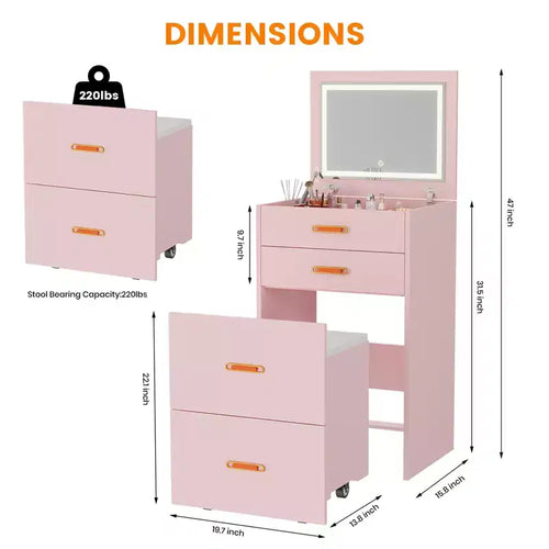 Coiffeuse 3-en-1, Table de maquillage avec miroir rabattable 3 couleurs d'éclairage et tabouret rembourré, Petite coiffeuse/table de chevet parfaite pour chambre à coucher, Rose