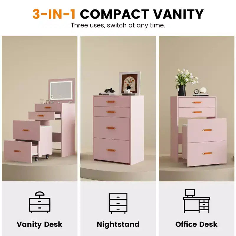 3 in 1 Vanity Desk, Makeup Desk with Flip-up 3 Colors Lighting Mirror and Cushioned Stool, Small Vanities Nightstand Perfect for Bedroom, Pink