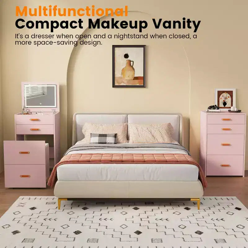 3 in 1 Vanity Desk, Makeup Desk with Flip-up 3 Colors Lighting Mirror and Cushioned Stool, Small Vanities Nightstand Perfect for Bedroom, Pink