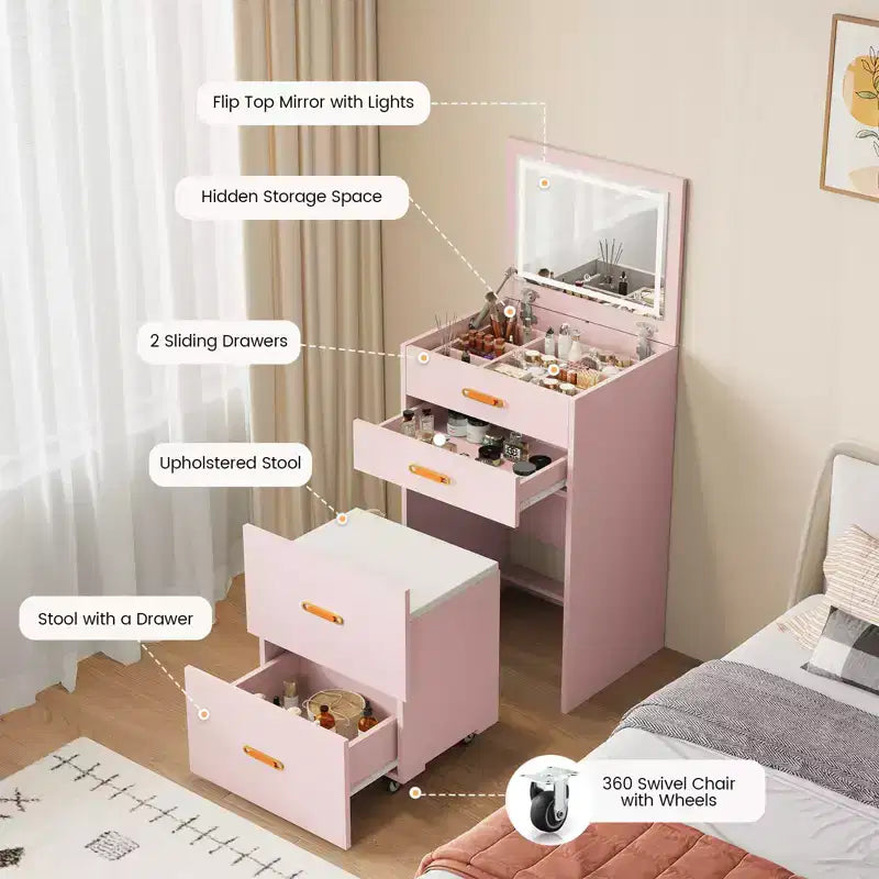 3 in 1 Vanity Desk, Makeup Desk with Flip-up 3 Colors Lighting Mirror and Cushioned Stool, Small Vanities Nightstand Perfect for Bedroom, Pink
