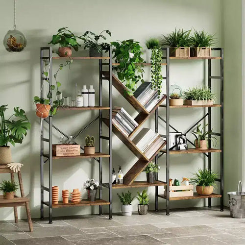 Étagère en bois rustique à 5 niveaux C A-Noir + finition rétro C Grande étagère de présentation pour chambre/salon/bureau (1 paquet)
