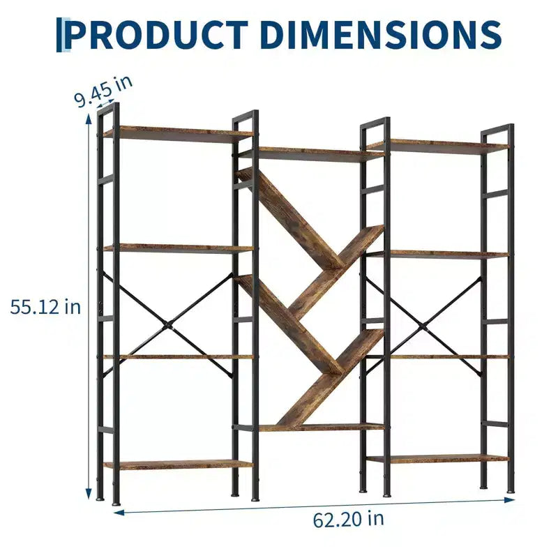 5-Tier Rustic Wooden Bookshelf C A-Black + Retro Finish C Wide Display Shelf for Bedroom/Living Room/Office (1-Pack)