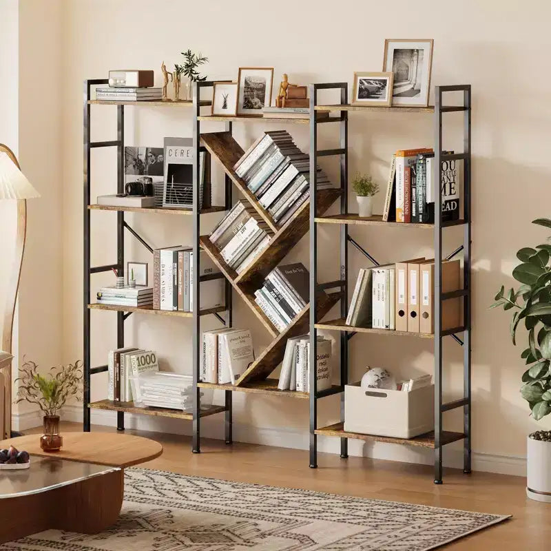 5-Tier Rustic Wooden Bookshelf C A-Black + Retro Finish C Wide Display Shelf for Bedroom/Living Room/Office (1-Pack)
