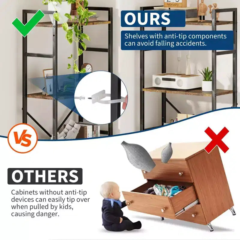 5-Tier Rustic Wooden Bookshelf C A-Black + Retro Finish C Wide Display Shelf for Bedroom/Living Room/Office (1-Pack)
