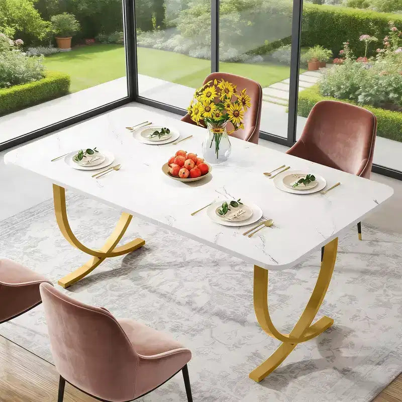 Table de salle à manger moderne, table de cuisine avec plateau en faux marbre