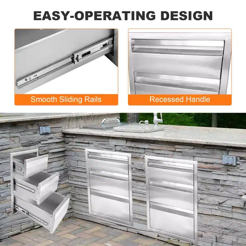 COZONY 16x23x21 Outdoor Kitchen Drawer, Triple-Layer Stainless Steel, Flush Mount, Silver