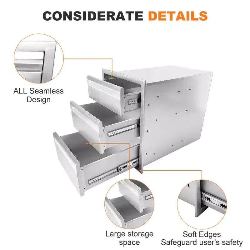 COZONY 16x23x21 Outdoor Kitchen Drawer, Triple-Layer Stainless Steel, Flush Mount, Silver