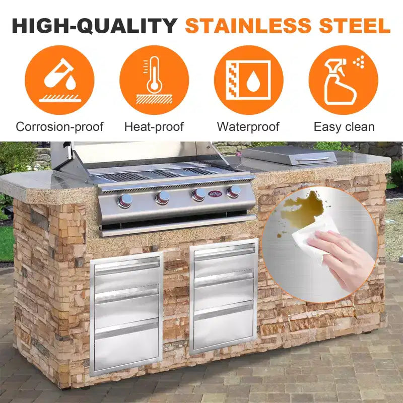 COZONY 16x23x21 Outdoor Kitchen Drawer, Triple-Layer Stainless Steel, Flush Mount, Silver