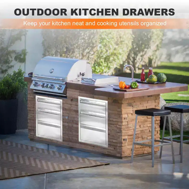 COZONY 16x23x21 Outdoor Kitchen Drawer, Triple-Layer Stainless Steel, Flush Mount, Silver