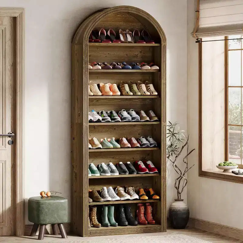 Lantine Shoe Storage Cabinet, 8-Tier Tall Shoe Organizer Cabinet, Large Wooden Freestanding Shoe Rack for Closet Entryway (Brown)