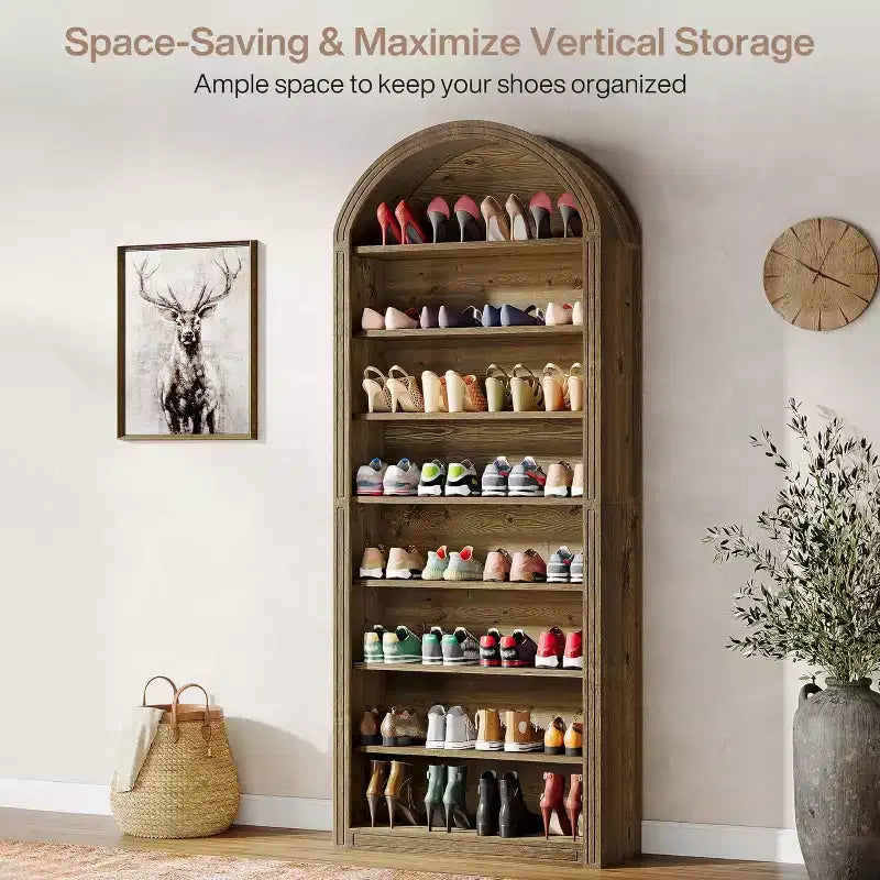 Lantine Shoe Storage Cabinet, 8-Tier Tall Shoe Organizer Cabinet, Large Wooden Freestanding Shoe Rack for Closet Entryway (Brown)
