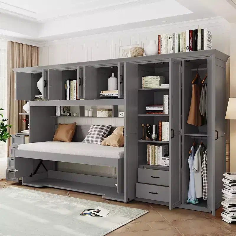 GDF Studio Lawson Twin Size Murphy Bed Wall Bed with Wardrobe, Cabinet and Desk