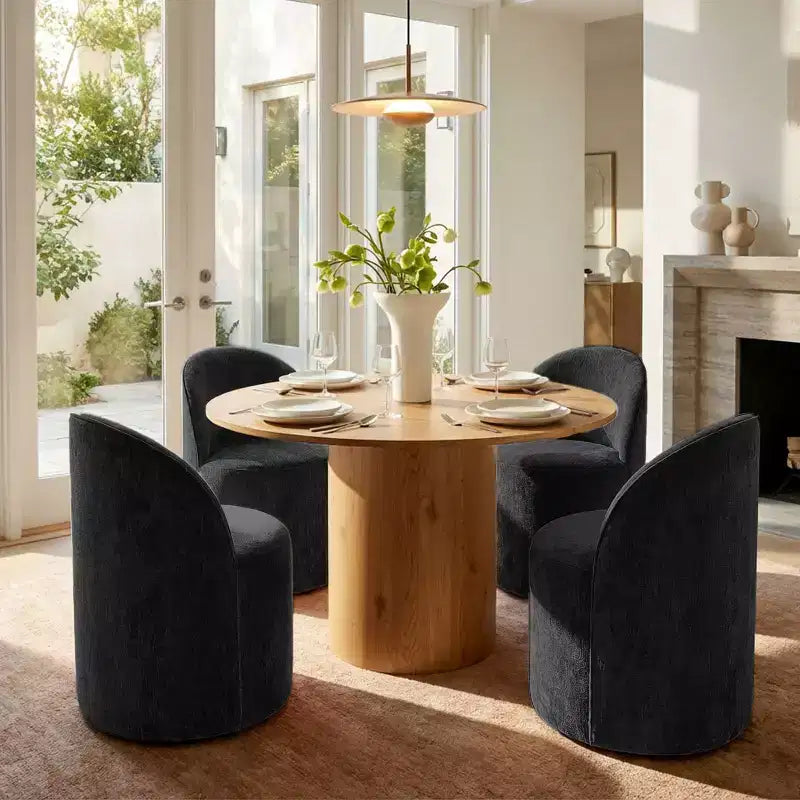 Dining Table Set for 4, Modern Barrel Chair with Wheels and Chenille Upholstery, Round Pedestal Table for Small-Dining Areas-Panipeachy