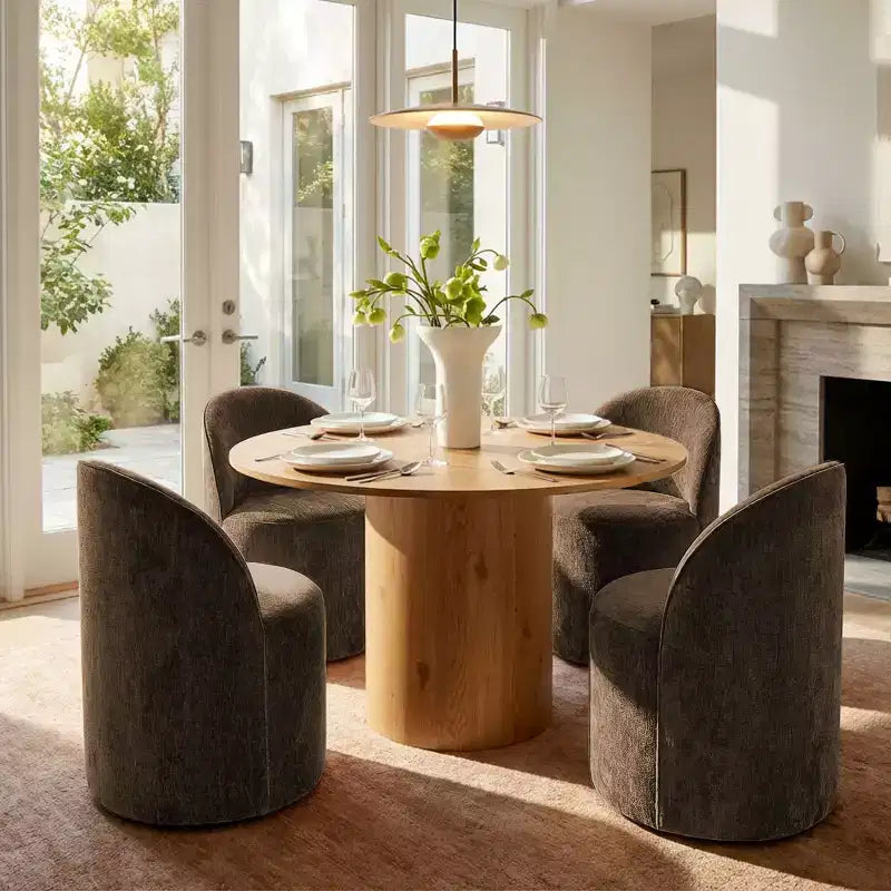Dining Table Set for 4, Modern Barrel Chair with Wheels and Chenille Upholstery, Round Pedestal Table for Small-Dining Areas-Panipeachy