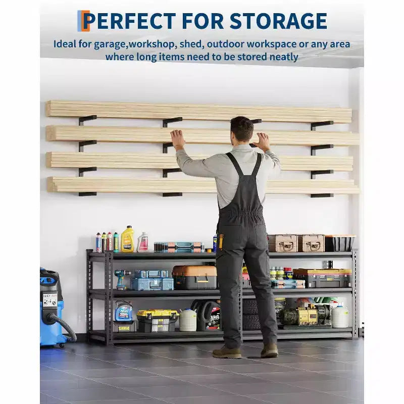 Lumber Storage Rack, Set of 2, Wall Mount, Heavy Duty Steel 4-Tier Wood Organizer Storage Shelves, 800LBS Capacity, for Shed, Workshop, Garage
