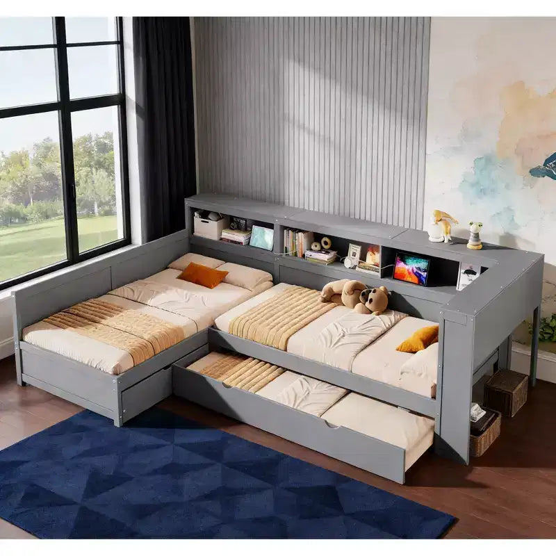 Bellemave Twin Size L-shaped Platform Bed with Trundle & Charging Station, Wood Bed Frame with Charging Station & Bookshelf.