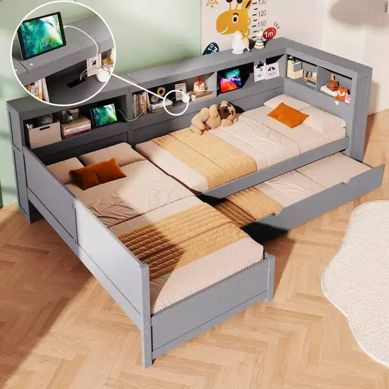Bellemave Twin Size L-shaped Platform Bed with Trundle & Charging Station, Wood Bed Frame with Charging Station & Bookshelf.