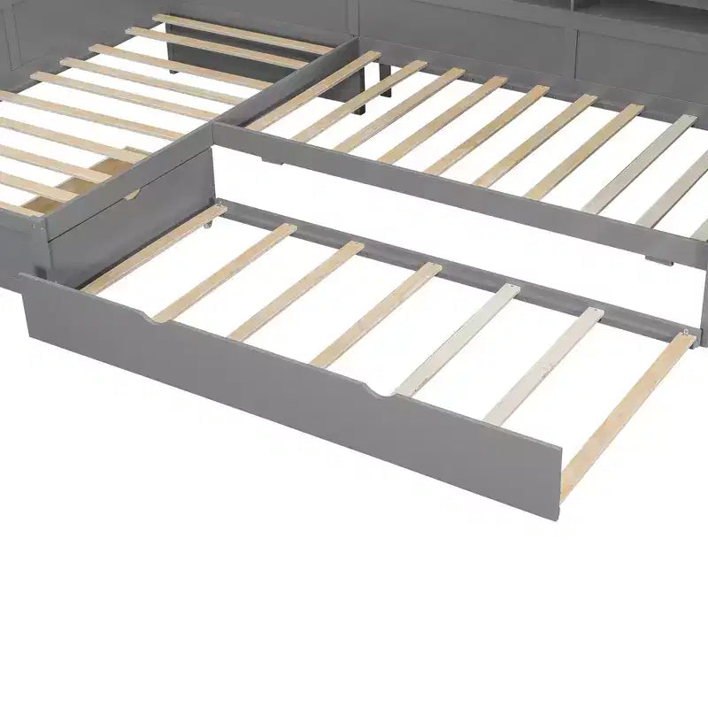 Bellemave Twin Size L-shaped Platform Bed with Trundle & Charging Station, Wood Bed Frame with Charging Station & Bookshelf.