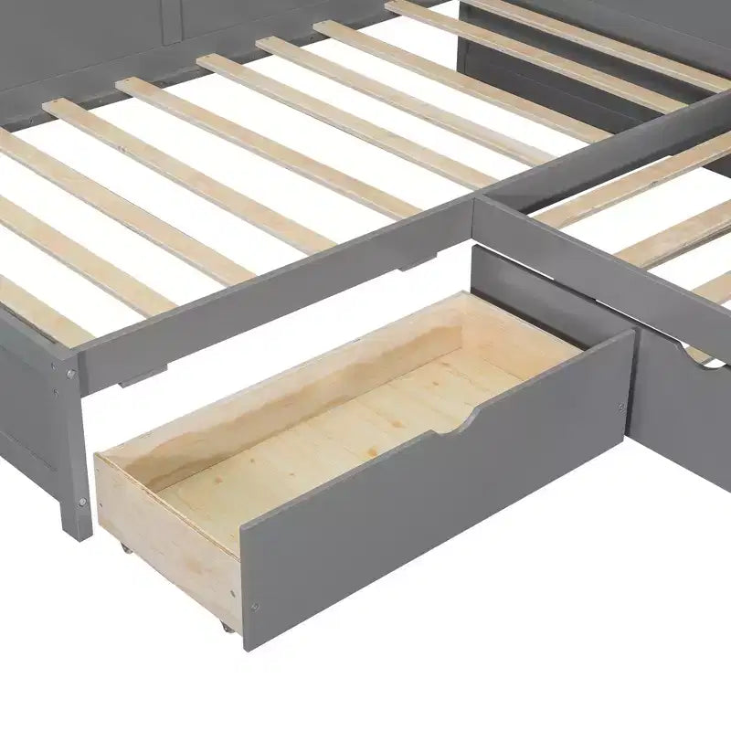 Bellemave Twin Size L-shaped Platform Bed with Trundle & Charging Station, Wood Bed Frame with Charging Station & Bookshelf.