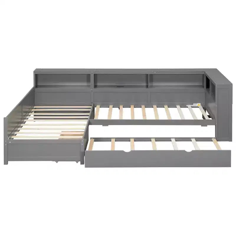 Bellemave Twin Size L-shaped Platform Bed with Trundle & Charging Station, Wood Bed Frame with Charging Station & Bookshelf.