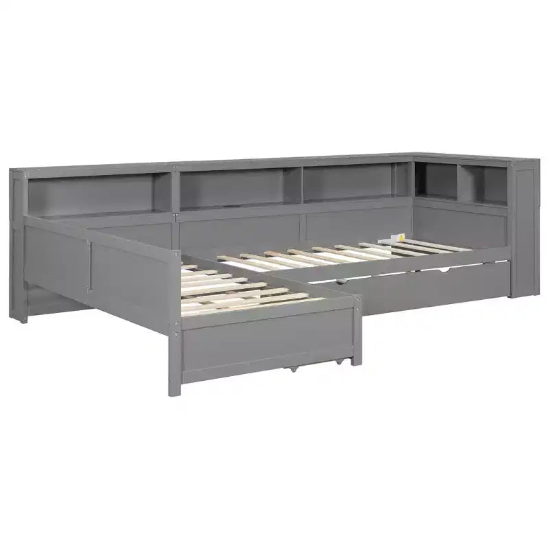 Bellemave Twin Size L-shaped Platform Bed with Trundle & Charging Station, Wood Bed Frame with Charging Station & Bookshelf.