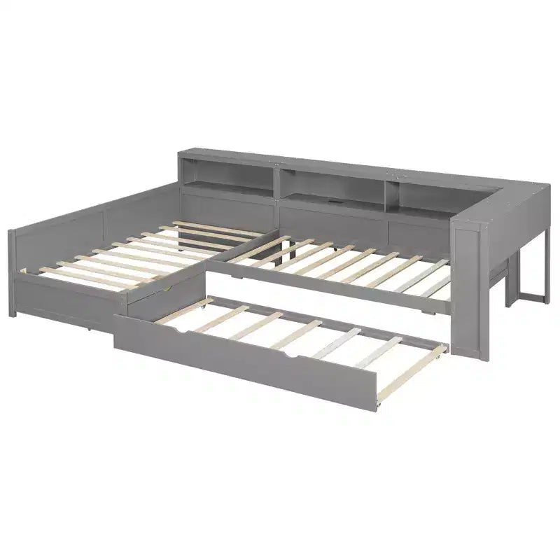 Bellemave Twin Size L-shaped Platform Bed with Trundle & Charging Station, Wood Bed Frame with Charging Station & Bookshelf.