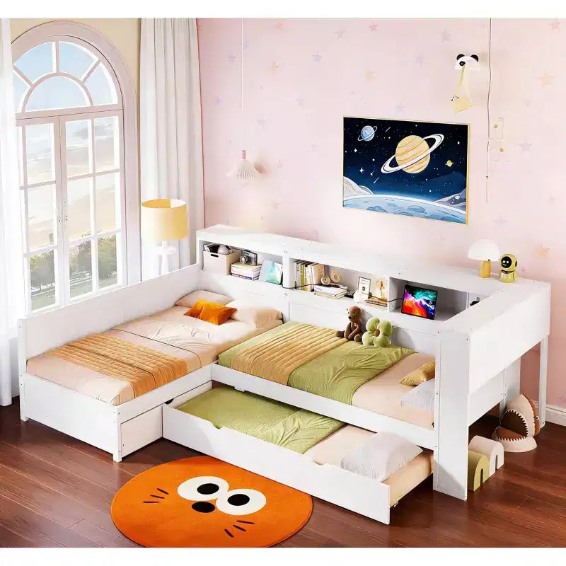 Bellemave Twin Size L-shaped Platform Bed with Trundle & Charging Station, Wood Bed Frame with Charging Station & Bookshelf.