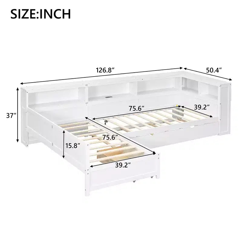 Bellemave Twin Size L-shaped Platform Bed with Trundle & Charging Station, Wood Bed Frame with Charging Station & Bookshelf.