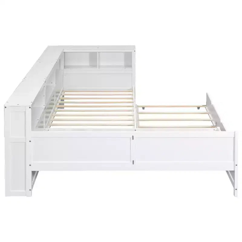 Bellemave Twin Size L-shaped Platform Bed with Trundle & Charging Station, Wood Bed Frame with Charging Station & Bookshelf.