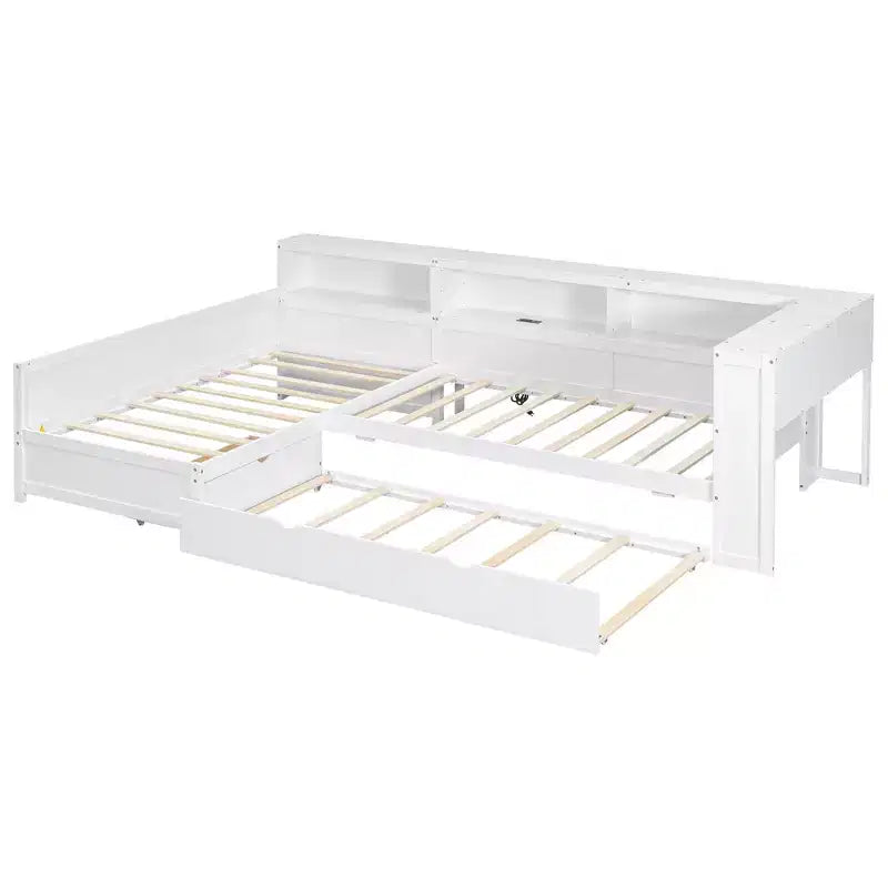 Bellemave Twin Size L-shaped Platform Bed with Trundle & Charging Station, Wood Bed Frame with Charging Station & Bookshelf.