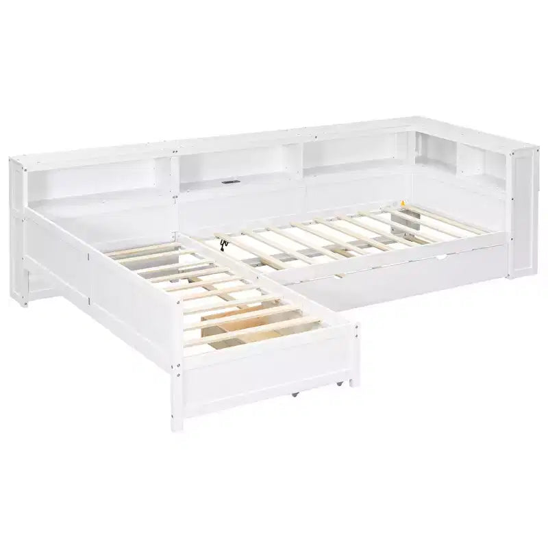 Bellemave Twin Size L-shaped Platform Bed with Trundle & Charging Station, Wood Bed Frame with Charging Station & Bookshelf.