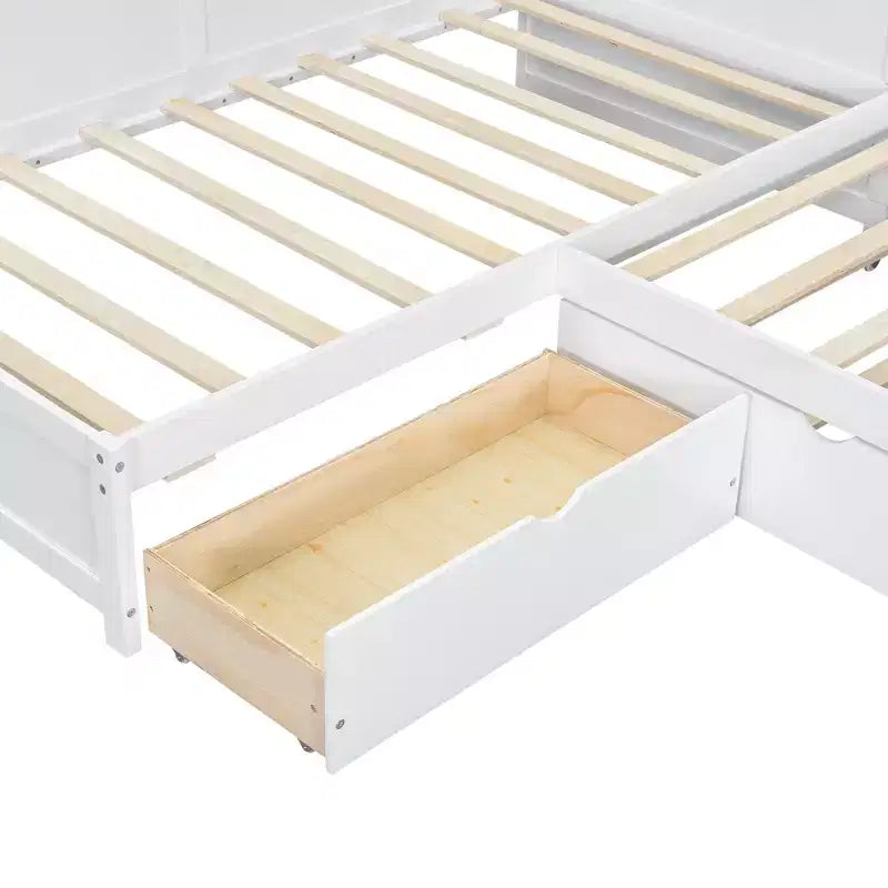 Bellemave Twin Size L-shaped Platform Bed with Trundle & Charging Station, Wood Bed Frame with Charging Station & Bookshelf.