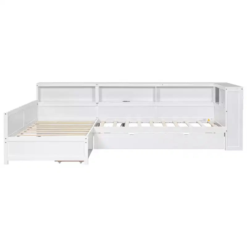 Bellemave Twin Size L-shaped Platform Bed with Trundle & Charging Station, Wood Bed Frame with Charging Station & Bookshelf.