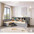 Bellemave Twin Size L-shaped Platform Bed with Trundle & Charging Station, Wood Bed Frame with Charging Station & Bookshelf.