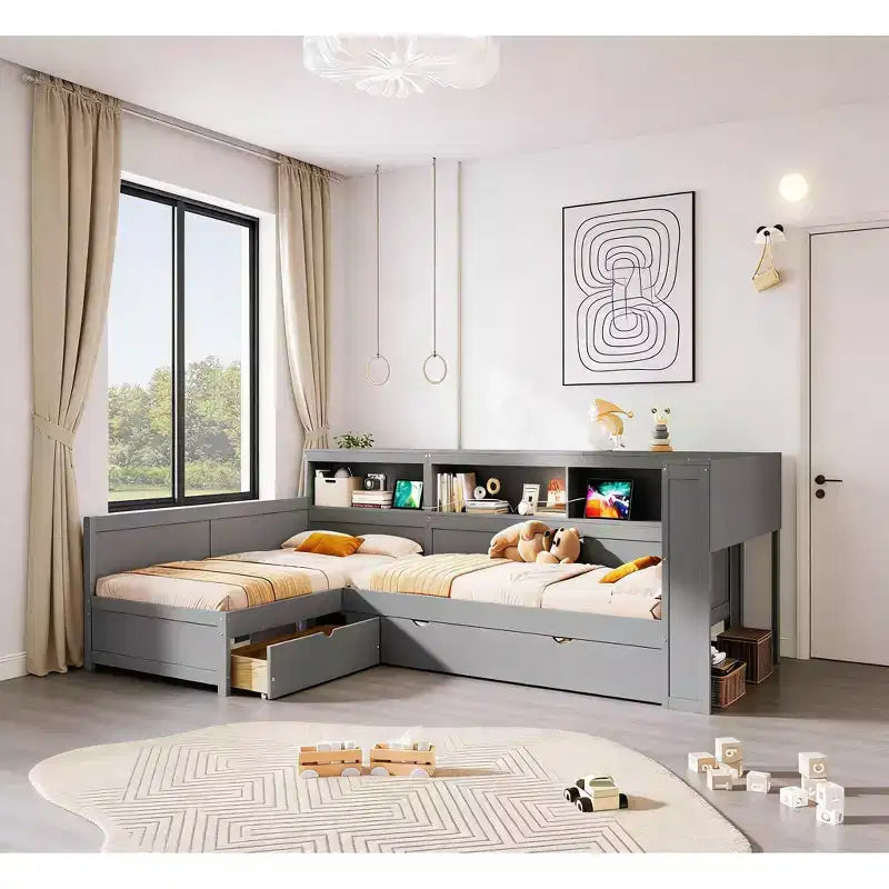 Bellemave Twin Size L-shaped Platform Bed with Trundle & Charging Station, Wood Bed Frame with Charging Station & Bookshelf.