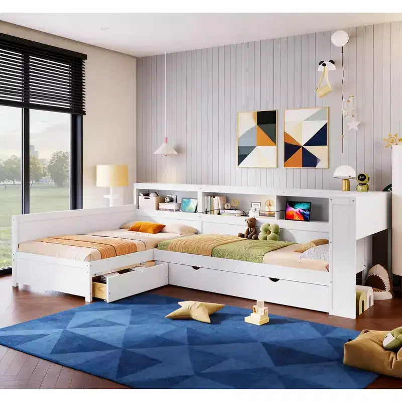 Bellemave Twin Size L-shaped Platform Bed with Trundle & Charging Station, Wood Bed Frame with Charging Station & Bookshelf.