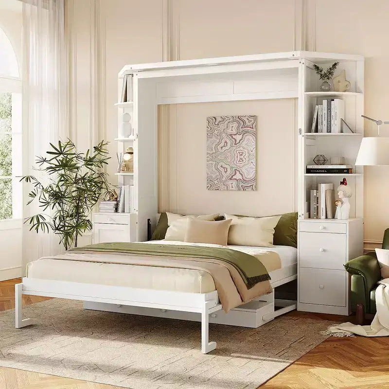 GDF Studio Leonard Murphy Bed with Desk, Storage Shelves and Cabinets, Lights